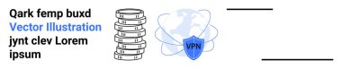 Küresel ağ bağlantıları olan bir VPN kalkanının yanında sunucu yığını. İnternet güvenliği, veri koruması, bulut depolama, siber güvenlik, dijital ağlar, mahremiyet, basit iniş sayfası için ideal