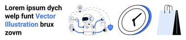 Aletleri ve kalkanı olan robotlar, zaman yönetimi için bir saat ve ticareti sembolize eden bir alışveriş çantası. Otomasyon için ideal, e-ticaret, yapay zeka teknolojisi, robotik, zaman yönetimi, perakende satış