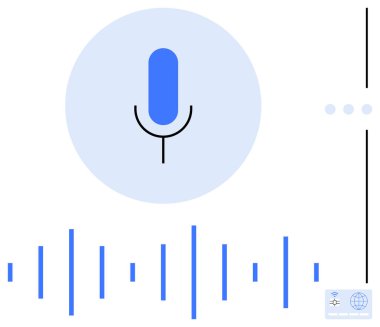 Mavi dairenin içinde ses dalgalarını temsil eden bir mikrofon simgesi. Teknoloji, iletişim, yapay zeka, ses analizi, konuşma tanıma, podcast, ses kaydı için ideal. Bir daire.