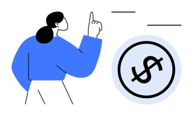 Açık mavi ile çevrili bir dolar işaretine doğru hareket eden bir kadın. Konseptler için ideal bütçe, finans, tasarruf, yatırım, ekonomik planlama, zenginlik oluşturma, yön. Düz basit metafor
