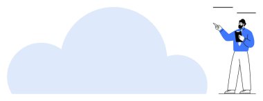 Elinde not defteri olan bir adam, büyük mavi buluta doğru hareket ediyor. Bulut hesaplama, veri depolama, yenilik, teknoloji, eğitim, takım çalışması sunumları için ideal. Düz basit metafor