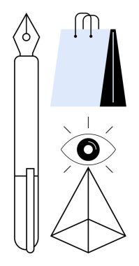 Dolma kalem, alışveriş çantası, ışınlı göz ve geometrik piramit çizgisi. Yaratıcılık, vizyon, tasarım, perakende minimalizm soyut düşünme markası için idealdir. Düz basit metafor