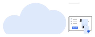 Bulut tabanlı işlemler ve veri yönetimini gösteren finansal belgelerin dijital görüntülenmesi ve ödeme seçeneği. Finans, teknoloji, bulut hesaplama, çevrimiçi ödemeler için ideal