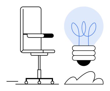 Ergonomik ofis koltuğu içinde yeşil enerji, yaratıcılık ve iş-yaşam dengesini vurgulayan bir bitki bulunan ampulün yanında. Sürdürülebilirlik, eko-bilinç, yenilik, verimlilik için ideal