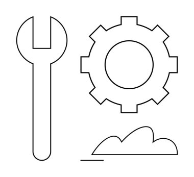 Vites sembolü, ingiliz anahtarı ve bulut şekilli taslak ayarlar, onarım, teknoloji, bulut depolama, sistem optimizasyonu öneriyor. Takım çalışması, yenilikçi bakım bilişim dijital çözümleri için ideal