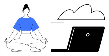 Lotus 'ta meditasyon yapan bir kadın dizüstü bilgisayar ve bulutun yanında durup dijital farkındalığı ve kariyer-yaşam dengesini kucaklıyor. Odaklanma, sağIık, uzak çalışma, rahatlama, sakinlik, üretkenlik için ideal