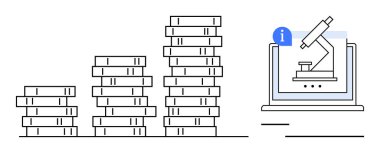 Dizüstü bilgisayardaki mikroskobun yanında madeni para yığını yükseliyor. Finans, araştırma, yenilik, yatırım, bilim, eğitim ve analitik için ideal, düz bir metaforu iletmek