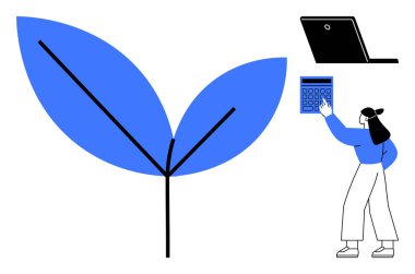 Mavi yaprak ve dizüstü bilgisayarın yanında hesap makinesi kullanan kadın teknoloji, finans ve sürdürülebilirlik dengesini vurguluyor. Eko-ticaret için ideal, bütçe yönetimi, yeşil yenilik, çevre
