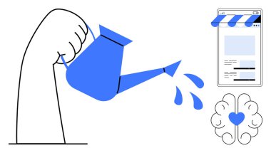 Kalbi ve çevrimiçi mağazası olan bir beynin üzerine su dökerek. Büyüme, öğrenme, yaratıcılık, iş, duygusal zeka, kendini geliştirme, düz basit metafor