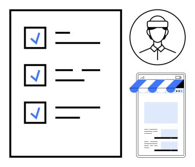 İşaretli üç görevi olan kontrol listesi, profil avatarı, çevrimiçi mağaza arayüzü. Üretkenlik, görev yönetimi, e-ticaret, kullanıcı profilleri, organizasyon, perakende düz metafor için ideal
