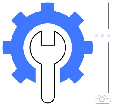 Sistem bakımını ve araçları temsil eden vites ve ingiliz anahtarı bulut teknolojisini gösteren küçük bulut simgesi. Onarım, mühendislik, teknoloji, bilişim desteği, bulut hesaplama, otomasyon için ideal