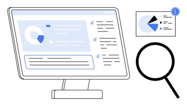 Bilgisayar monitörü, tablolar ve görev listeleriyle birlikte veri panelini, finansal pasta grafiğinin yanında büyüteç olarak gösterir. Analiz, finans, araştırma, strateji, veri eğilimleri, iş anlayışları için ideal