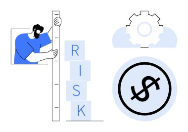 RİSK etiketli bir kişi, dişli ve dolar işaretli. Finans, karar verme, yönetim, iş stratejisi, risk değerlendirmesi, büyüme planlaması için ideal, düz basit metafor