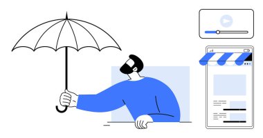 Şemsiyeyi mağazanın önünde ve medya oyuncusunun üzerinde tutan adam, çevrimiçi varlıklar veya e-ticaret için koruma, güvenlik ve güvenliği simgeliyor. Güvenlik, dijital koruma ve risk yönetimi için ideal