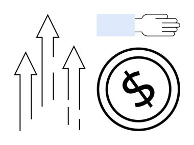 Yukarıdaki oklar karı simgeler, dolar para zenginliği simgeler ve el hareketi de para vermeyi. Finans, büyüme, yatırım, ekonomi, tasarruf hayırseverliği için ideal. Çok basit.