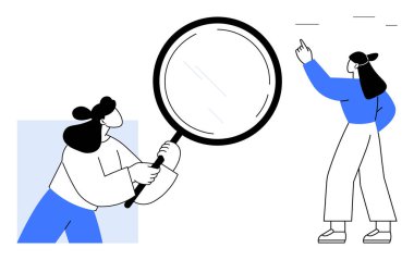 İki kadın problem çözmede işbirliği yaparken, biri büyüteç kullanırken diğeri ilerlemeyi işaret ediyor. Takım çalışması, araştırma, hedefler, işbirliği, yenilik, analiz, beyin fırtınası için ideal