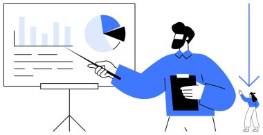 Toplantıda grafiklere ve pasta grafiklerine bakan bir adam. İş için ideal, analitik, planlama, eğitim, araştırma, takım çalışması, kurumsal iletişim. Düz basit metafor