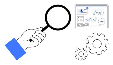 Veri analizi ve grafiklerini, üretkenlik ve strateji için vites simgeleriyle birlikte bir ekranda elle inceliyorum. Analiz, odaklanma, araştırma ve optimizasyon kavramları için ideal