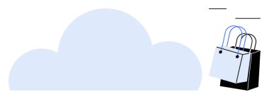 Tutacağı olan iki alışveriş çantasının yanında bulut şeklinde. E-ticaret, çevrimiçi alışveriş, dijital depolama, bulut bilgisayarı, sanal pazarlar, perakende teknoloji ve modern ticaret için idealdir. Soyut çizgi