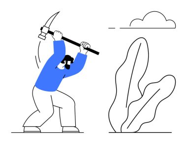 Kazmalı bir adam hareket halinde, bulutların altında uzun yapraklarla çalışmaya eğilimli. Emek, iş ahlakı, madencilik, tarım, devamlılık, manuel çaba büyüme kavramları için idealdir. Düz basit