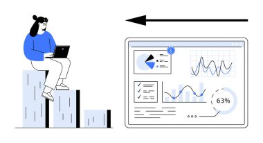 Çubuk grafikte oturan kadın dizüstü bilgisayar kullanarak pasta grafiği, çizgi grafiği ve istatistikleri analiz ediyor. Veri analizi, iş büyümesi, teknoloji, strateji ve performans takibi için ideal
