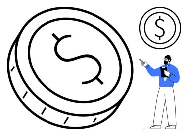 İşadamlarının gösterip panoyu tuttuğu büyük bir madeni para. Finansal büyümeyi vurguluyor. Finans, iş, yatırım, ekonomi, kâr, tasarruf ve danışmanlık kavramları için ideal. Düz