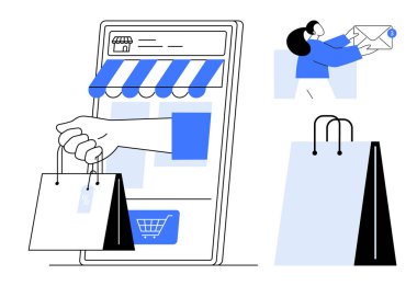 Telefondaki e-ticaret mağazası, elinde alışveriş çantaları, yeni e-posta uyarısı, büyük bir alışveriş çantası. Perakende, çevrimiçi mağaza, alım-satım, e-ticaret pazarlama, müşteri hizmetleri, teslimat alışverişi için ideal