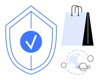İşaretli mavi kalkan, modern alışveriş çantası ve yörünge küresi güvenli e-ticareti, siber güvenliği, küresel ticareti ve çevrimiçi alışverişi simgeliyor. Güvenlik için ideal, e-ticaret kavramları, fintech global