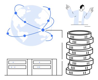Birbirine bağlı noktaları olan dünya, bozuk paralar, veri sunucuları, el kol hareketleri. Düz basit metafordaki teknoloji, veri, finans, küreselleşme, iletişim yeniliği yatırımları için ideal