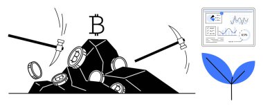 Bitcoin bozuklukları çıkarmak için taş kıran kazmalar, veri analiz eden bir torpido ve büyüyen bir yaprak. Kripto para birimi, engelleme zinciri, madencilik süreçleri, yenilenebilir enerji, analitik ve teknoloji için ideal