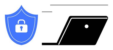 Kilit simgesi olan kalkan ve dizüstü bilgisayarı aç. Siber güvenlik, veri koruması, bilgi güvenliği, çevrimiçi güvenlik, internet gizliliği, güvenli bilgisayar ve teknoloji güvenliği için ideal. Soyut düz çizgiyi temsil eder