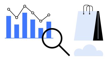 Bir büyüteç ve alışveriş çantasının yanında asgari bir arkaplan üzerinde çizgi grafiği. E-ticaret, analitik, pazarlama, perakende, veri takibi, çevrimiçi ticaret ve strateji planlaması için ideal