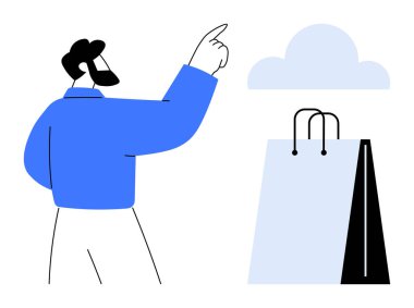 Alışveriş çantasının üstündeki buluta doğru hareket eden adam online alışveriş, e-ticaret ve dijital hizmetleri sembolize ediyor. Perakende satış, dijital pazarlama, bulut hesaplama, teknoloji ve yenilik için ideal