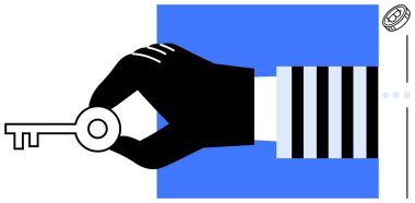 Mavi kareye karşı siyah el anahtarı, erişimi, fırsatı ve güvenliği vurguluyor. Güvenlik, kontrol, fırsat ve mahremiyete erişim için ideal. Düz basit metafor