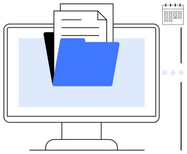 Küçük bir takvim simgesi eşliğinde bir bilgisayar ekranından çıkan mavi klasör ve belgeler. Veri depolama, organizasyon, iş akışı, ofis, verimlilik, teknoloji ve planlama için ideal. Düz
