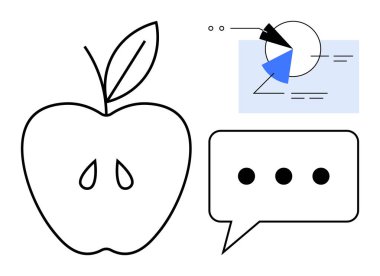 Yapraklı Apple taslağı, bölümlü pasta grafiği ve noktalı konuşma balonu. İletişim, analitik, basitlik, eğitim, teknoloji verileri ve minimalizm için idealdir. Düz basit metafor