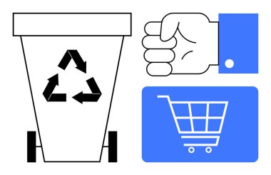 Oklu geri dönüşüm kutusu, sıkılmış el eko-aktivizmi ve alışveriş arabası ikonu. Sürdürülebilirlik, çevre bilinci, eko-ticaret, atık yönetimi, geri dönüşüm alışkanlıkları için ideal