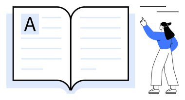 Büyük harfli açık bir kitap ve metin için soluk satırlar. Mavi gömlekli kadın sağ kenarı işaret ediyor. Eğitim, okuma, öğrenme, öğretim, okuma yazma, öğretim için idealdir.