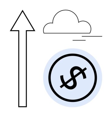 Yukari bakan okun yaninda dolar işareti ve bulutlar mali gelisimi, gelisimi ve basariyi temsil ediyor. İş, ekonomi, strateji, kariyer geliştirme, fintech, zenginlik düzlüğü için ideal