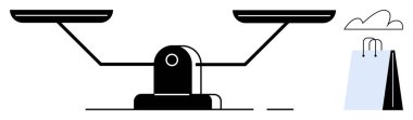 Denge, adalet ve sürdürülebilir tüketimi vurgulayan iki tava, minimum alışveriş torbası ve bulut elementi ile denge ölçeği. İş, adalet, ticaret, karar ahlakı için ideal