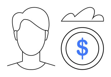 Çemberdeki bir dolar işaretinin üzerindeki bulutun yanındaki yüzü olmayan kişi finansal kavramları sembolize ediyor. Kişisel finans, bankacılık, tasarruf, yatırım, bulut finansmanı, ekonomi, sade