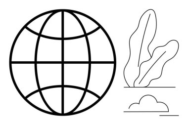 Soyut yaprak şekilleri ve asgari bulutların yanında kesişen çizgilerle dolu bir dünya. Sürdürülebilirlik, küresel ağlar, ekoloji, bağlantı, çevre bilinci, teknoloji, düz basit