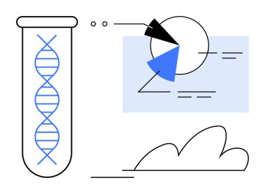 Dairesel veri grafikleri ve soyut şekillerle bağlantılı test tüpündeki DNA ipliği. Biyoloji, genetik, tıbbi araştırma, istatistik, veri bilimi, yenilik, düz alanda öğretim kavramları için ideal