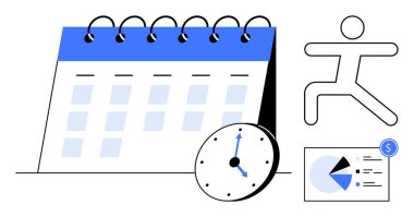 Spiral takvim, saat, dolar işaretli pasta tablosu, fitness 'i temsil eden hareketli basit figür. Üretkenlik, zaman izleme, bütçe belirleme, refah, hedef belirleme organizasyon planlaması için ideal