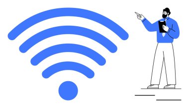Kablosuz sinyali gösteren adam bağlantıyı, dijital iletişimi ve ağı vurguluyor. Teknoloji, internet, eğitim, sunumlar, çevrimiçi araçlar için ideal yenilik