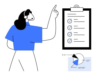 Tamamlanmış liste ve pasta grafiği görselleştirmesiyle panoya doğru hareket eden bir kadın. Üretim, organizasyon, planlama, proje yönetimi, hedef belirleme, görev izleme ve takım çalışması için ideal