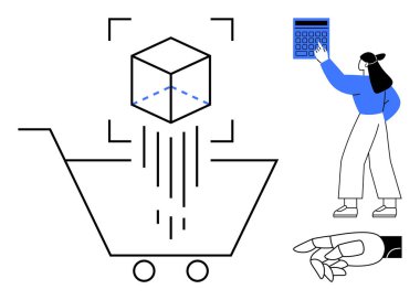 3D taranmış küp alışveriş arabasına düşüyor. Hesap makinesi kullanan bir insan. Robot el hareketi. E-ticaret, teknoloji, yenilik, alışveriş, otomasyon yapay zeka analizi için ideal. Düz basit