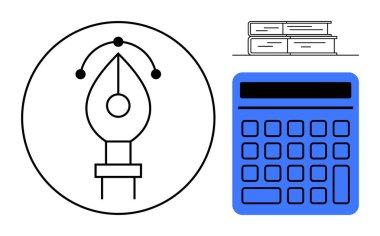 Tasarım hassasiyeti için kalem aracı sembolü, hesaplamalar için hesap makinesi ve bilgi için kitaplar. Yaratıcılık, eğitim, teknoloji, üretkenlik, öğrenme tasarım ve araştırma için idealdir. Düz basit