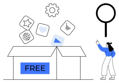 Kutu, kalp, dişli ve alışveriş arabası dahil uygulama simgelerini açar. Büyüteci işaret eden kadın keşfi sembolize eder. Teknoloji, uygulamalar, strateji, araştırma için ideal