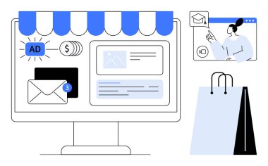 Masaüstü ekran görüntüleme çevrimiçi mağaza, e-posta bildirimleri, pazarlama reklamları ve sanal danışma. Alışveriş torbaları da dahil. E-ticaret, perakende, pazarlama, markalaşma reklam satışları için ideal